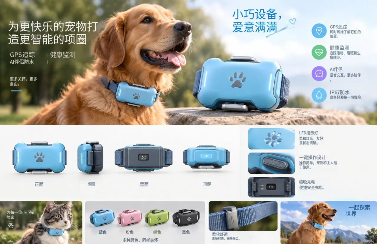 智能宠物项圈设计图：GPS 定位、健康监测、IP67 防水，四种配色